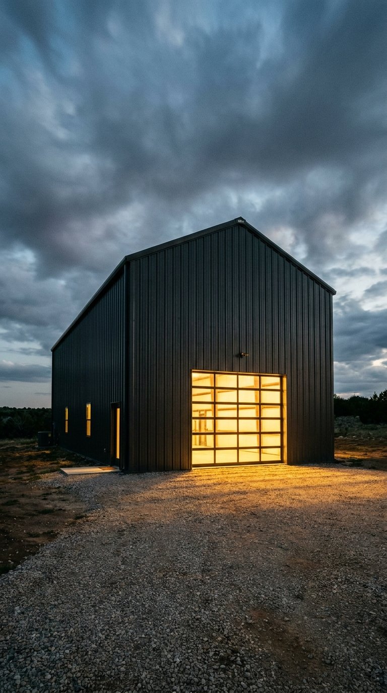 Dark charcoal custom steel building at dusk